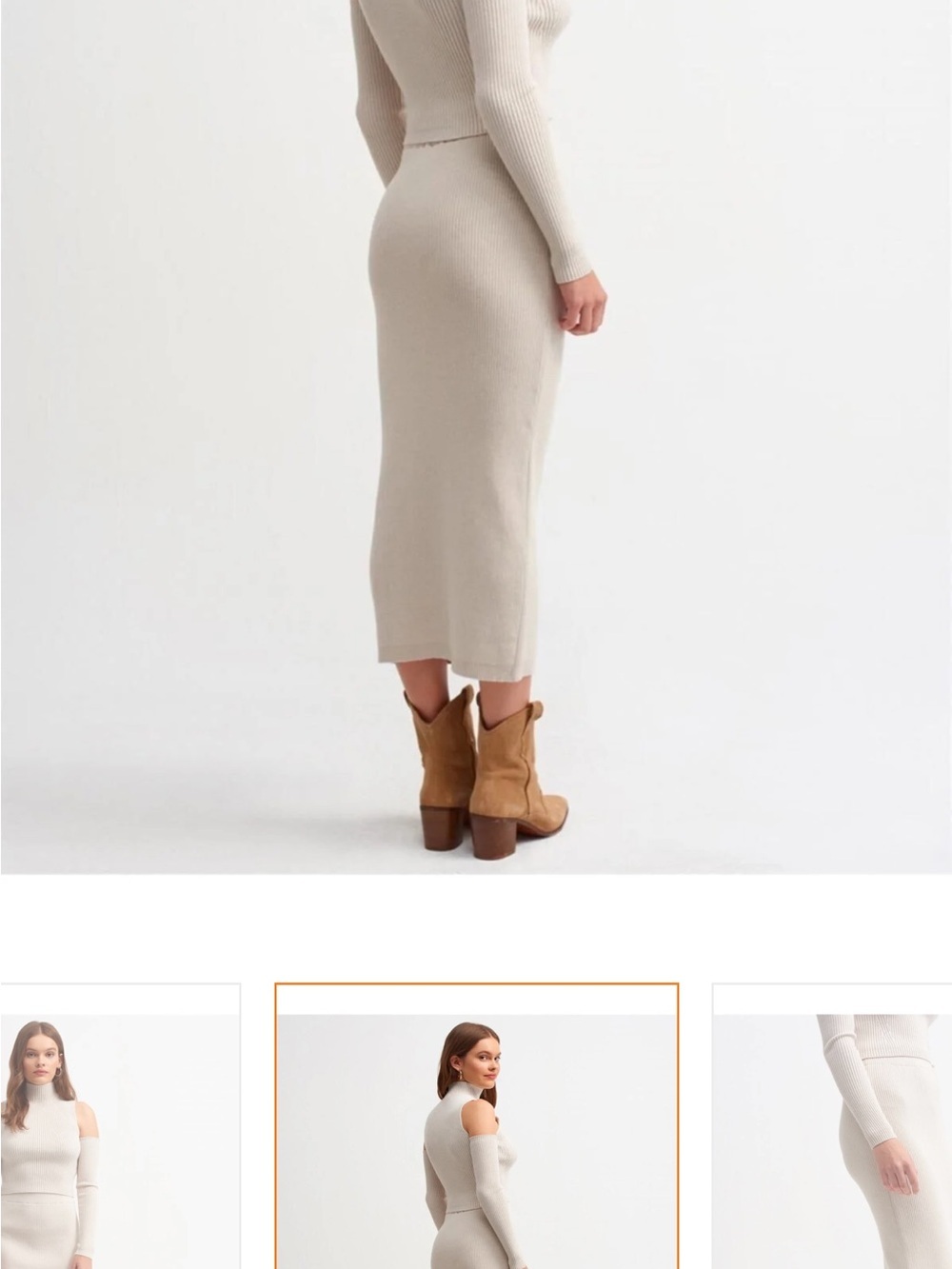 Knit Dress in Beige Cold-Shoulder Ribbed - Picture 4 of 6